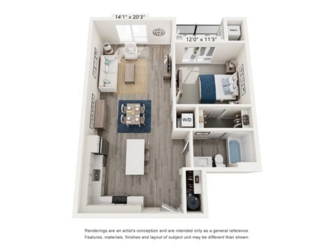 Floor plan for 1 bed, 1 bath, 782 sqft
